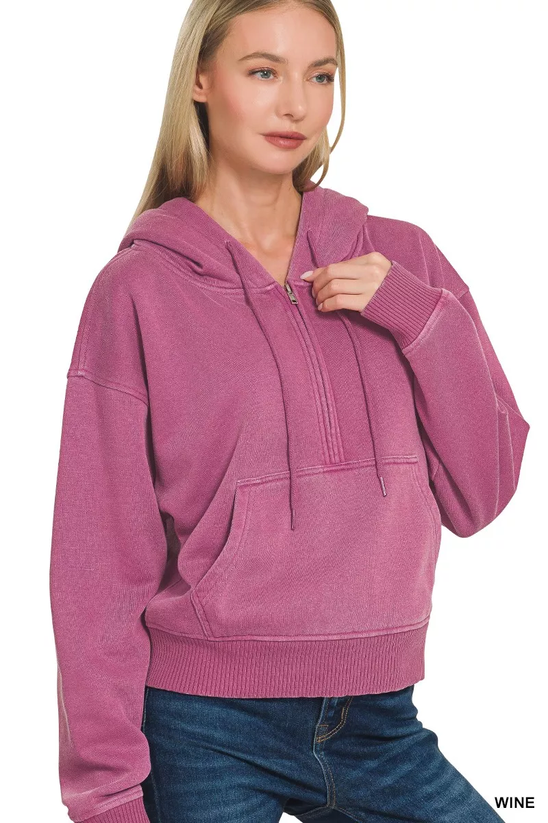 Zenana Fleece Pigment Dye Half Zip Kangaroo Pocket Hoodie - Image 2