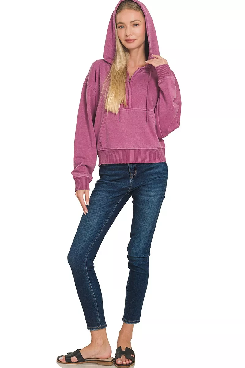Zenana Fleece Pigment Dye Half Zip Kangaroo Pocket Hoodie - Image 3