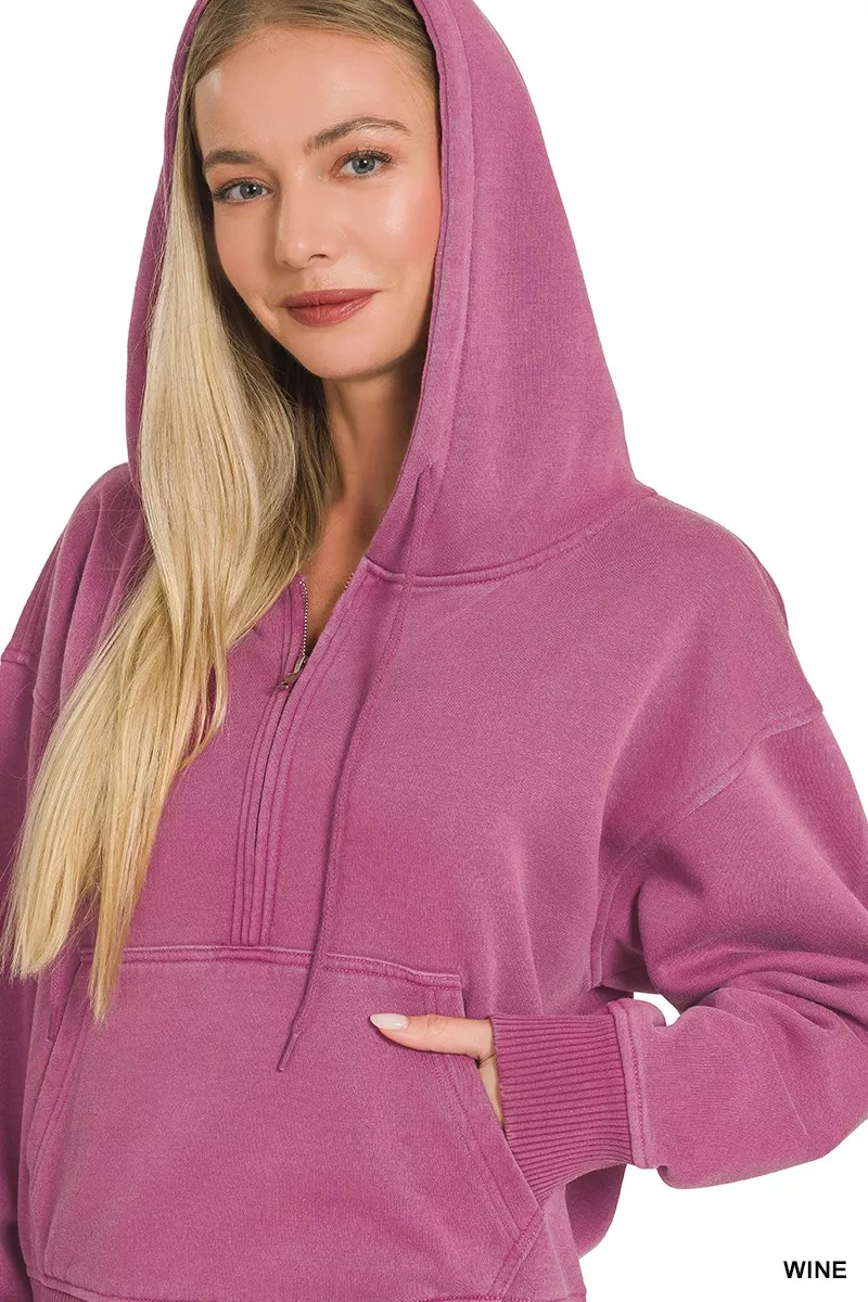 Zenana Fleece Pigment Dye Half Zip Kangaroo Pocket Hoodie - Image 4