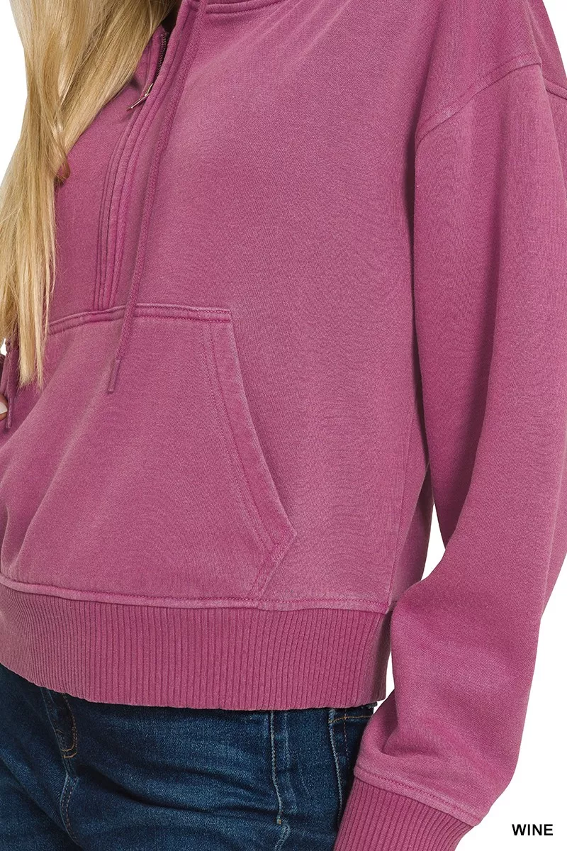 Zenana Fleece Pigment Dye Half Zip Kangaroo Pocket Hoodie - Image 5