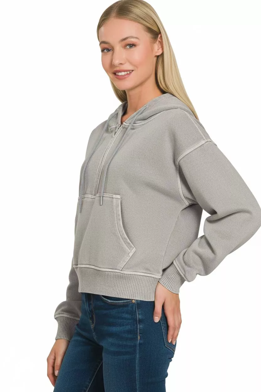 Zenana Fleece Pigment Dye Half Zip Kangaroo Pocket Hoodie - Image 3