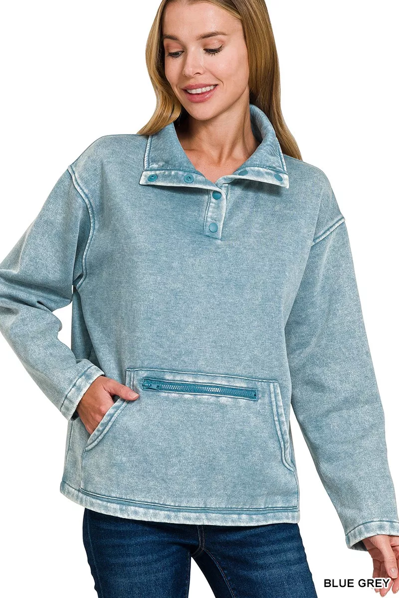 Zenana Fleece Washed High Neck Kangaroo Pocket Sweatshirt - Image 2