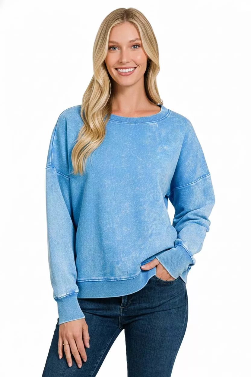 Zenana French Terry Acid Wash Boat Neck Sweatshirt - Image 3