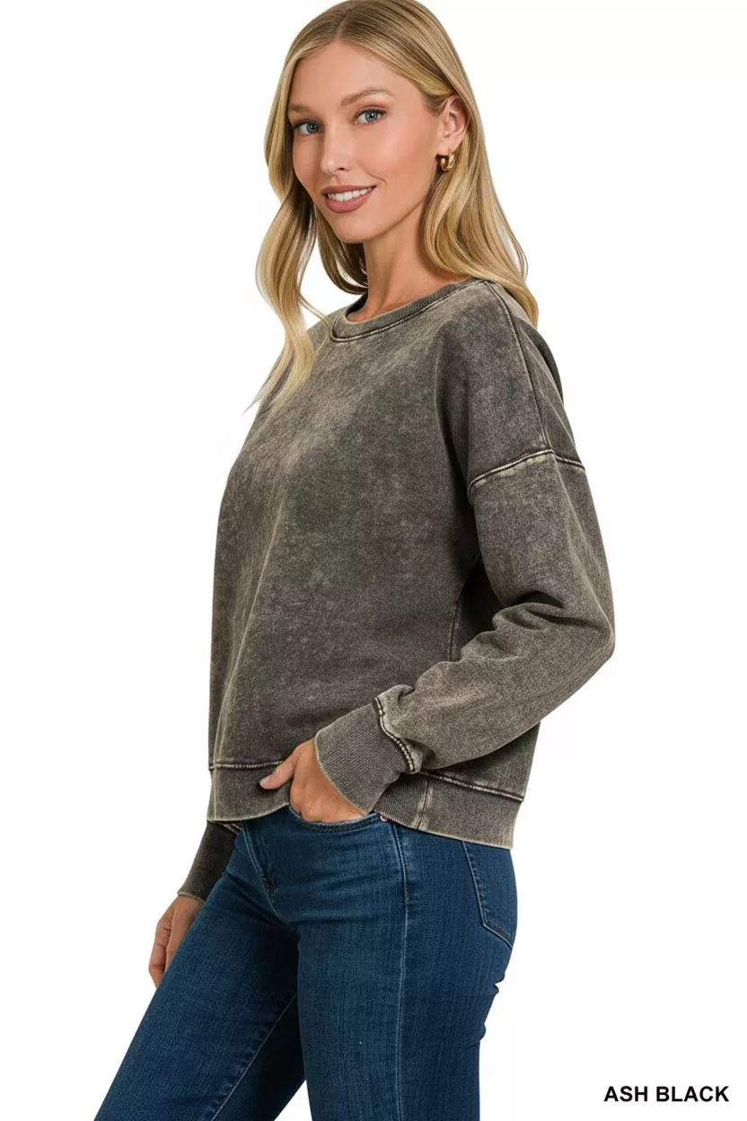 Zenana French Terry Acid Wash Boat Neck Sweatshirt - Image 2
