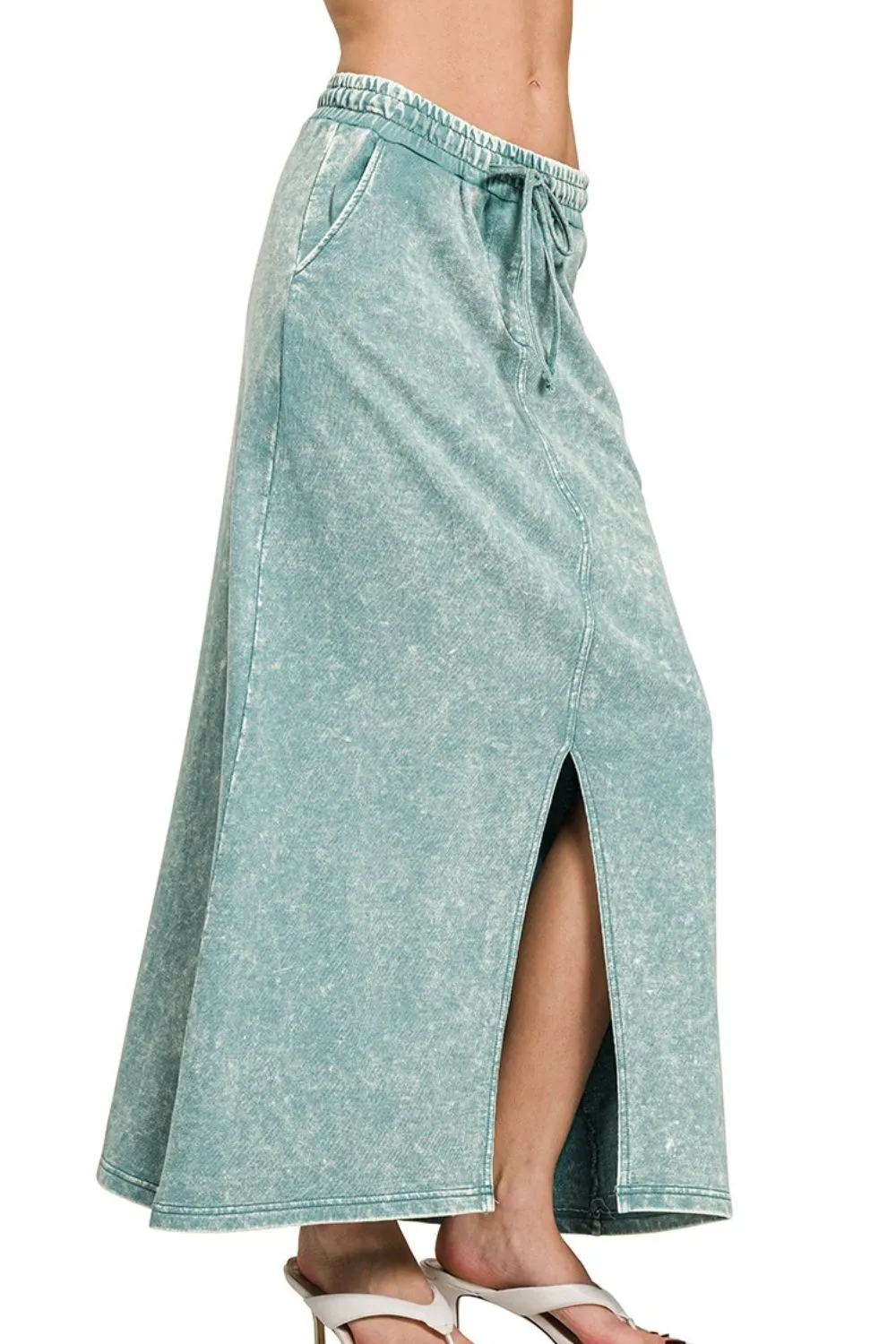Zenana French Terry Acid Washed Front Slit Long Skirts - Image 2