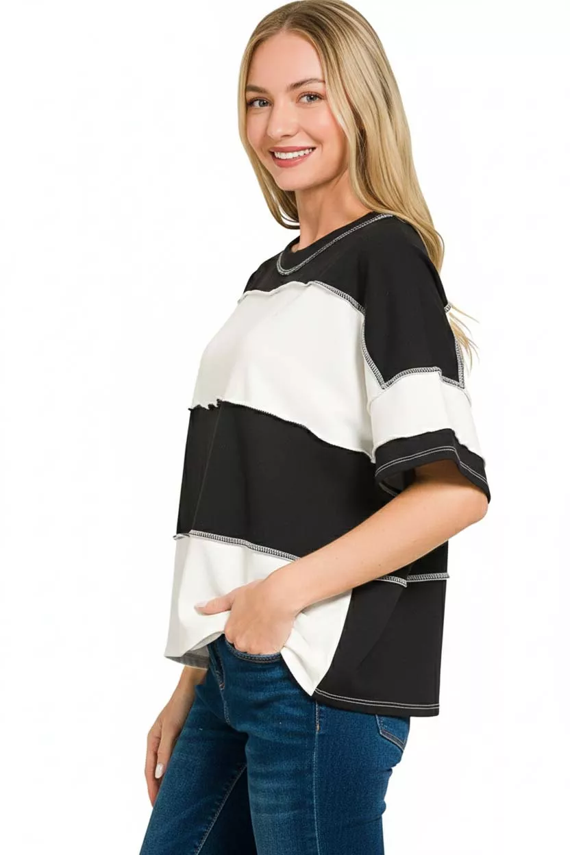 Zenana French Terry Color Block Exposed Seam Top - Image 3