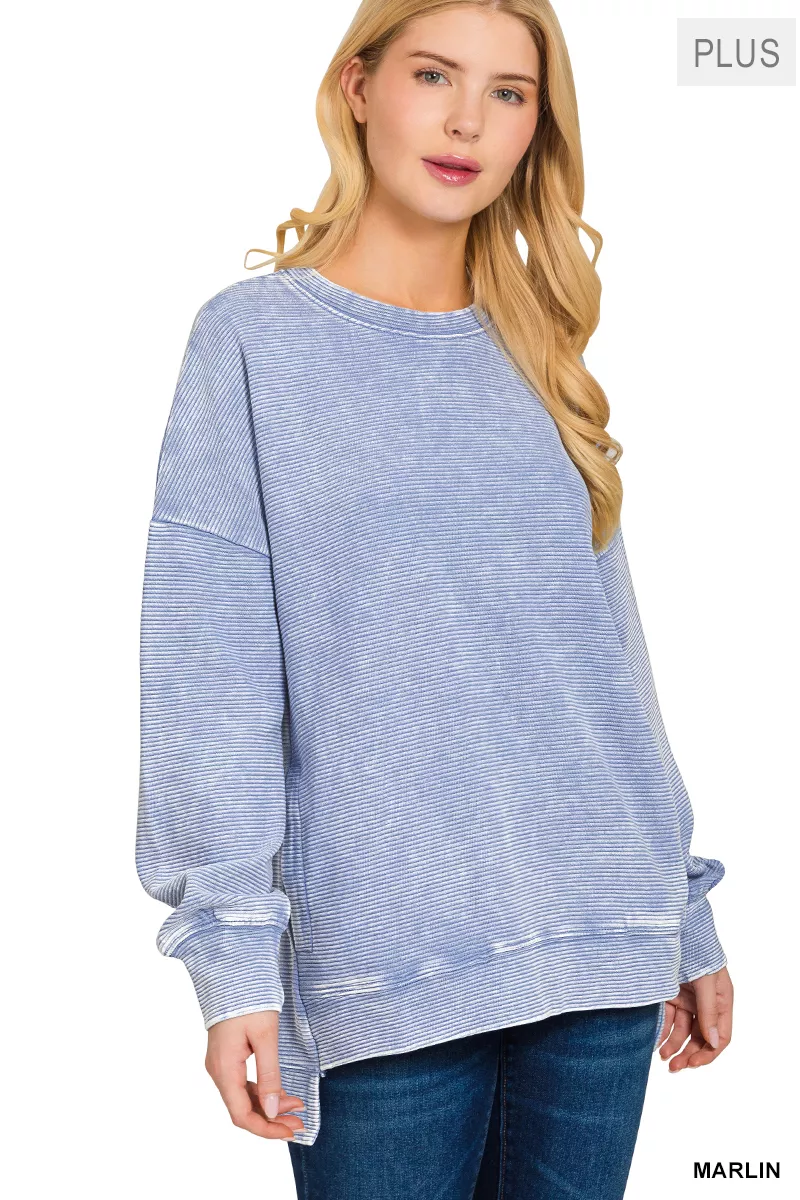 Zenana Full Size Acid Washed Double Ribbed Hi-low Sweatshirt Plus Size - Image 4