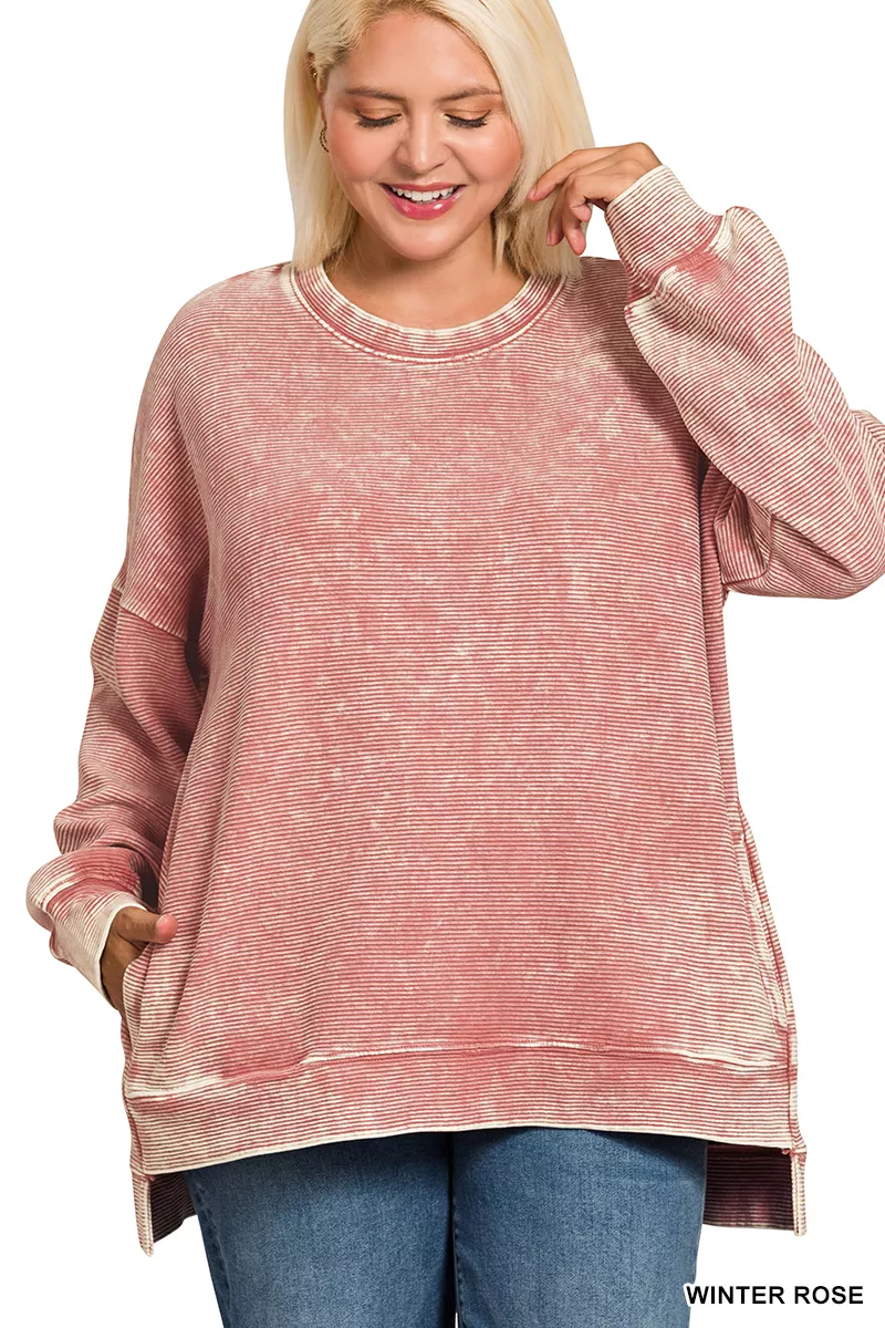Zenana Full Size Acid Washed Double Ribbed Hi-low Sweatshirt Plus Size - Image 2