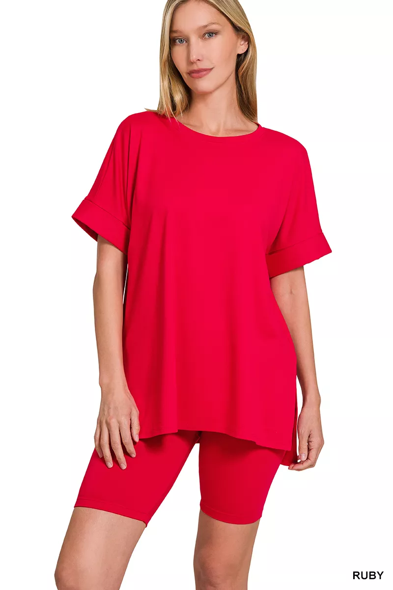Zenana Full Size Brushed Dty Microfiber Round Neck Top and Biker Shorts Set Plus Size - Image 3