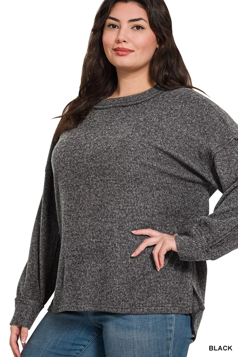 Zenana Full Size Brushed Ribbed Hacci Drop Shoulder Sweater Plus Size - Image 3
