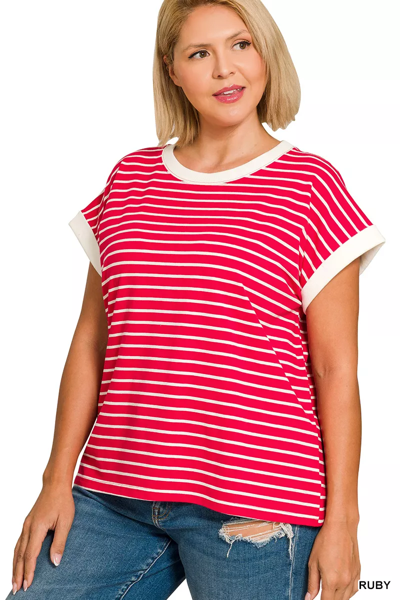 Zenana Full Size Contrast Trim Cap Sleeve Stripe Tee Plus Size - Image 5