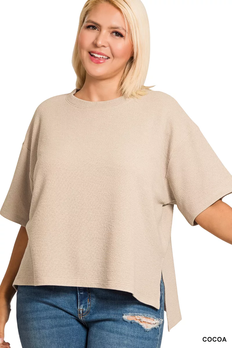 Zenana Full Size Double Knit Side Slits Hi Low Short Sleeve Top Plus Size - Image 2