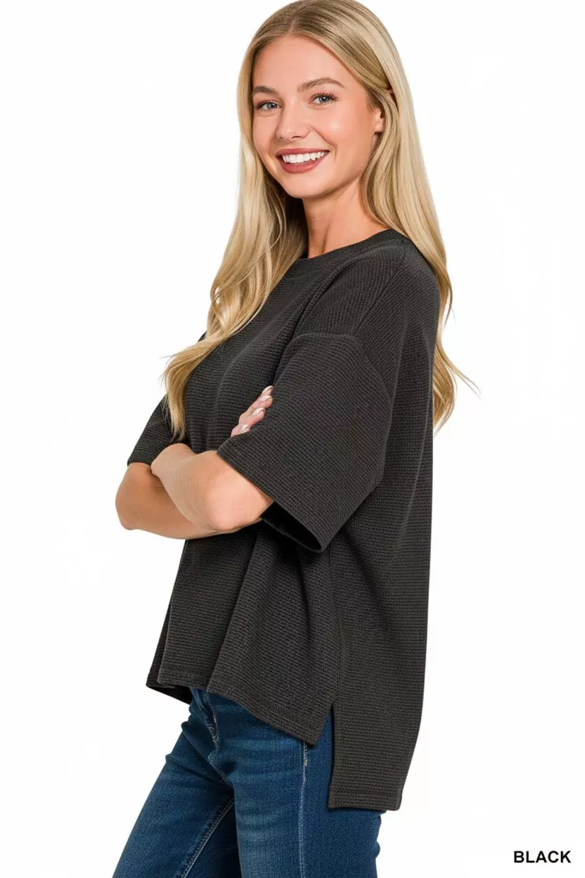 Zenana Full Size Double Knit Side Slits Hi Low Short Sleeve Top Plus Size - Image 2
