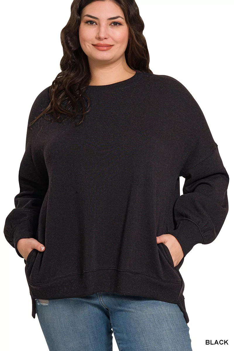 Zenana Full Size Fleece Hi-low Boyfriend Sweatshirts with Pockets Plus Size - Image 2