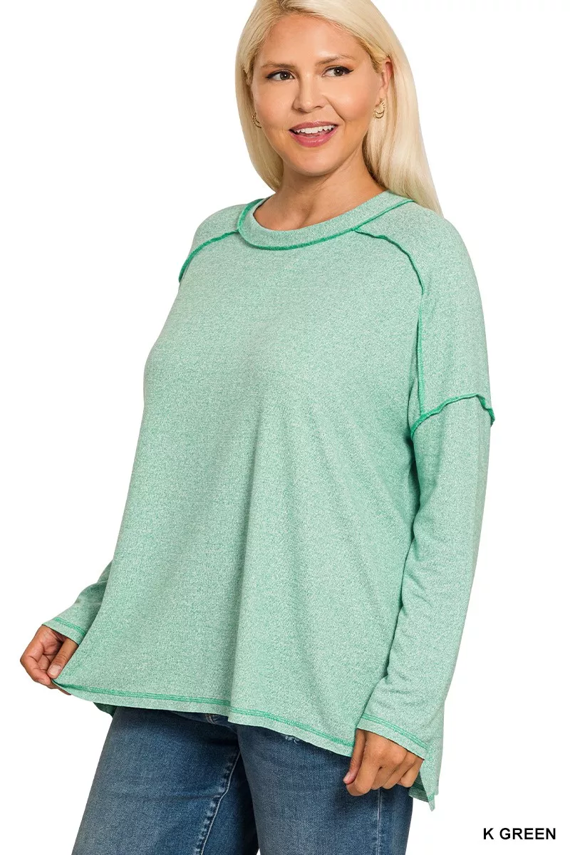 Zenana Full Size Melange Hacci Exposed Seam Hi-low Tee Plus Size - Image 3