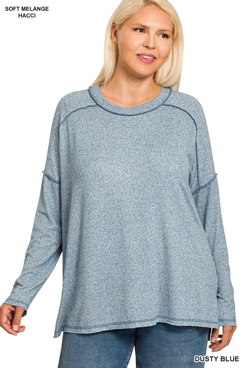 Zenana Full Size Melange Hacci Exposed Seam Hi-low Tee Plus Size - Image 3