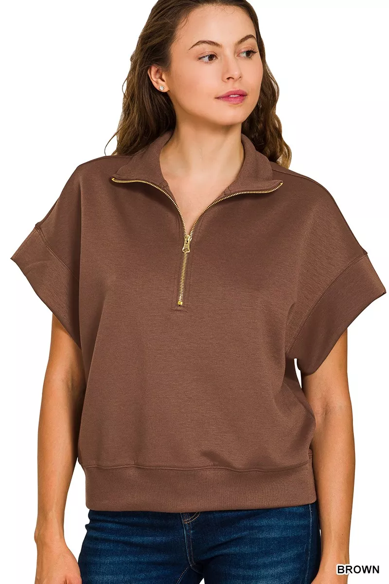 Zenana Full Size Scuba High Neck Half Zip Short Sleeve Top Plus Size - Image 2