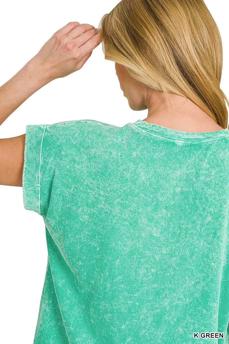 Zenana Halo Snow Washed Cotton Cuffed Short Sleeve Top - Image 5