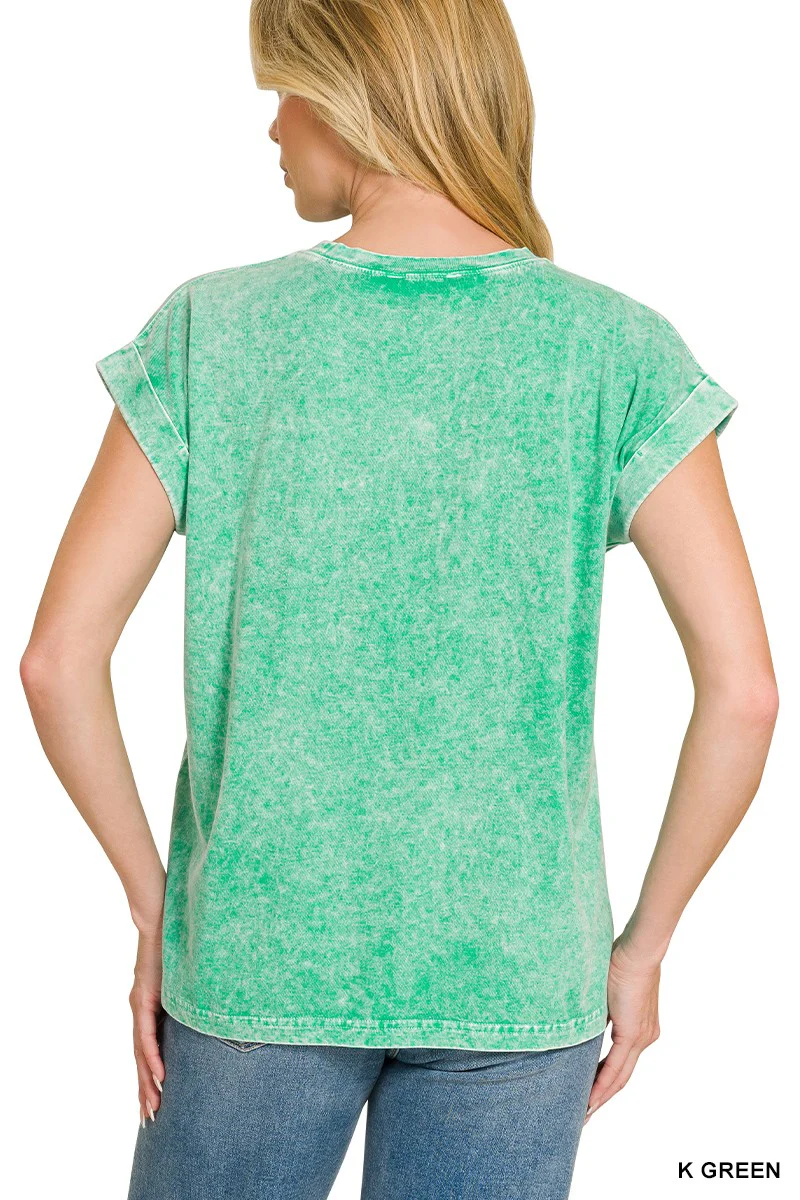Zenana Halo Snow Washed Cuffed Short Sleeve Tee - Image 3