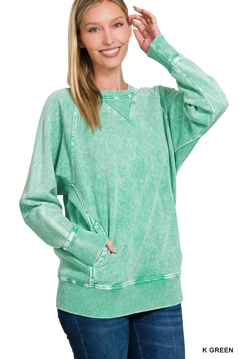 Zenana Halo Snow Washed French Terry Round Neck Sweatshirt - Image 2
