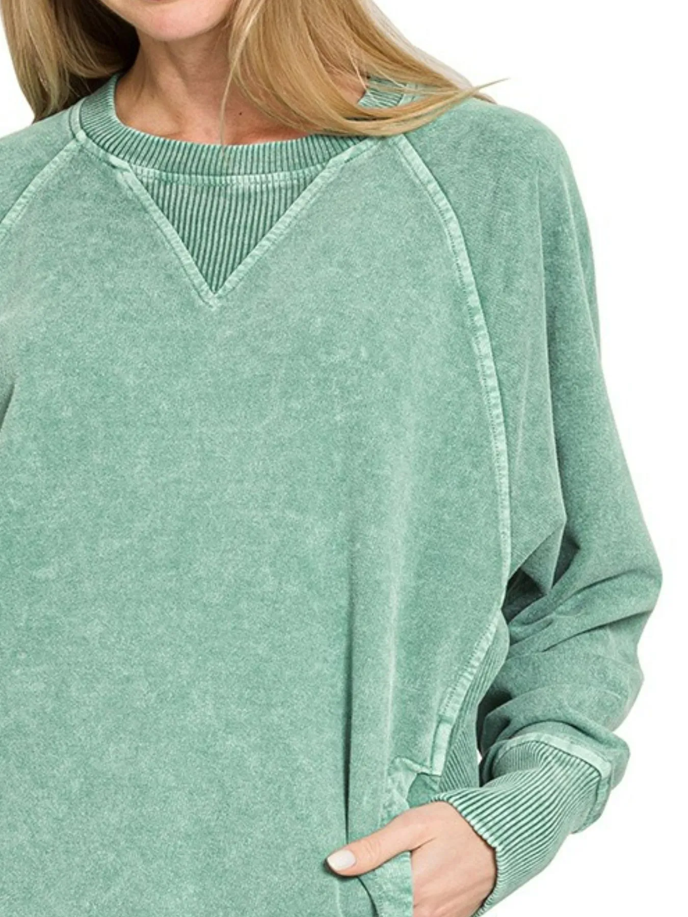 Zenana Halo Snow Washed French Terry Round Neck Sweatshirt - Image 2