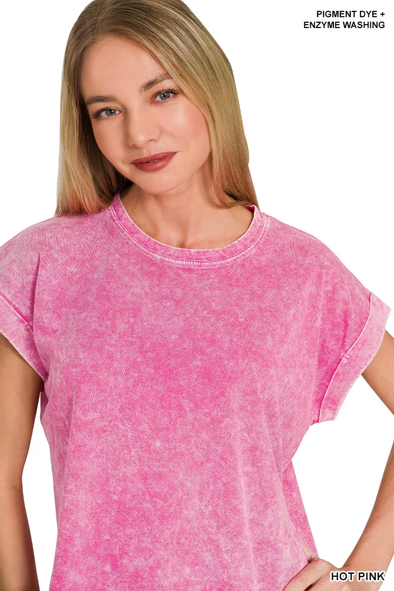 Zenana Halo Washed Cotton Cuffed Short Sleeve Top - Image 5