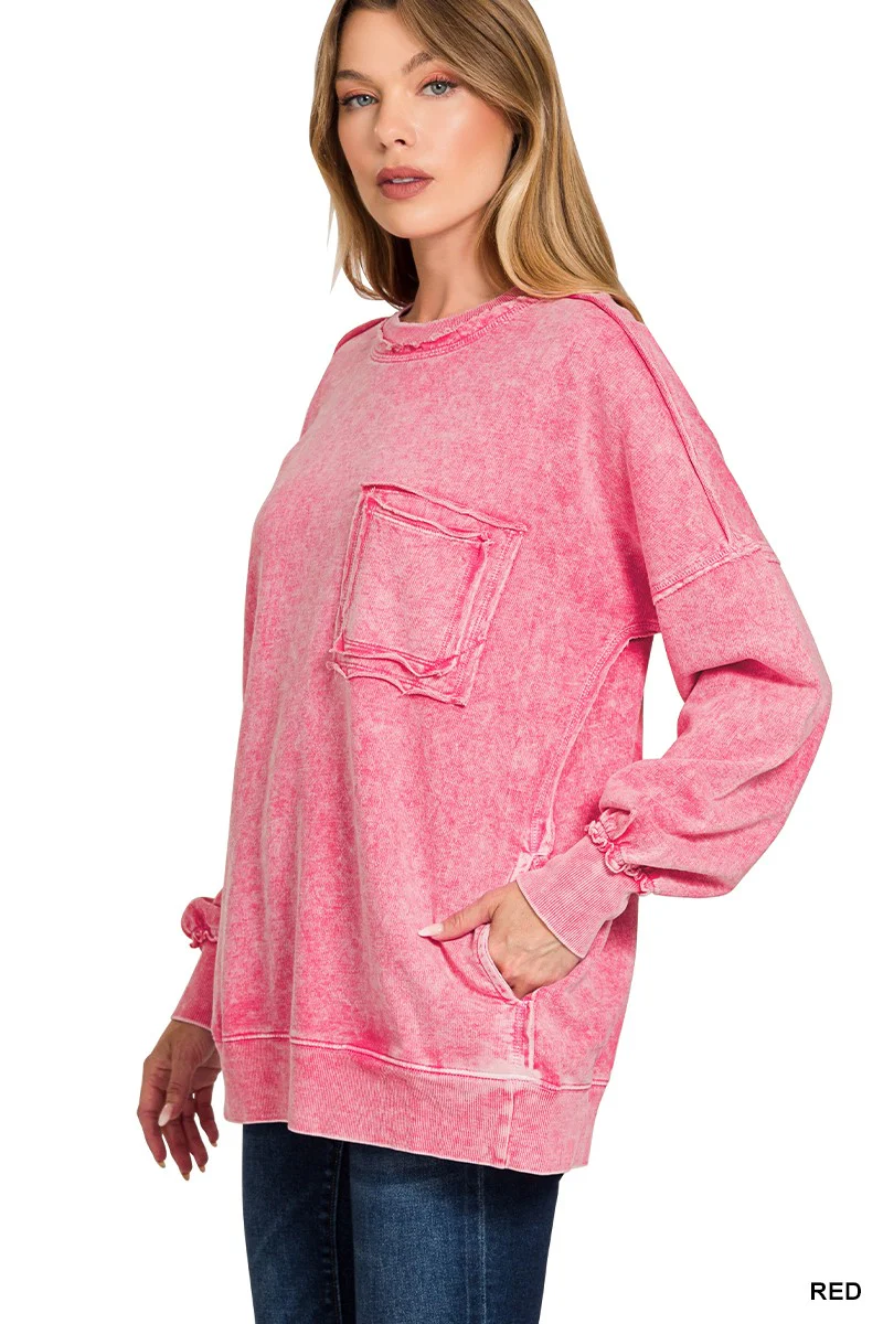 Zenana Halo Washed French Terry Exposed-seam Sweatshirt - Image 2