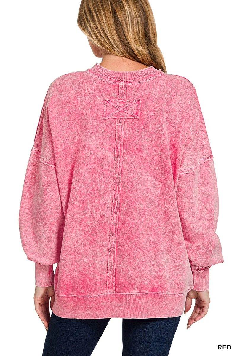 Zenana Halo Washed French Terry Exposed-seam Sweatshirt - Image 3