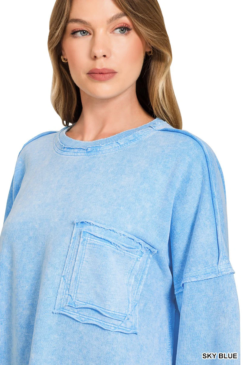 Zenana Halo Washed French Terry Exposed-seam Sweatshirt - Image 2
