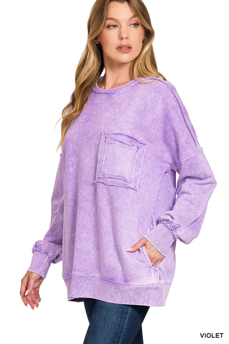 Zenana Halo Washed French Terry Exposed-seam Sweatshirt - Image 2