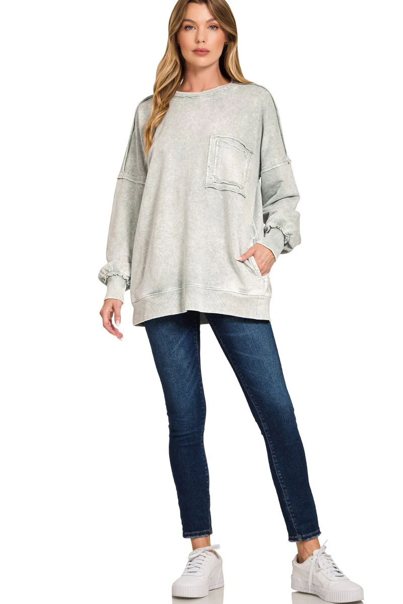 Zenana Halo Washed French Terry Exposed-seam Sweatshirt - Image 2