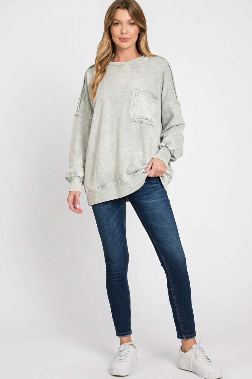 Zenana Halo Washed French Terry Exposed-seam Sweatshirt - Image 3