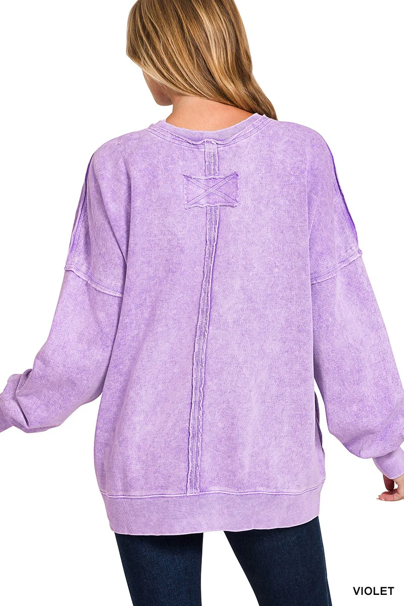 Zenana Halo Washed French Terry Exposed-seam Sweatshirt - Image 3
