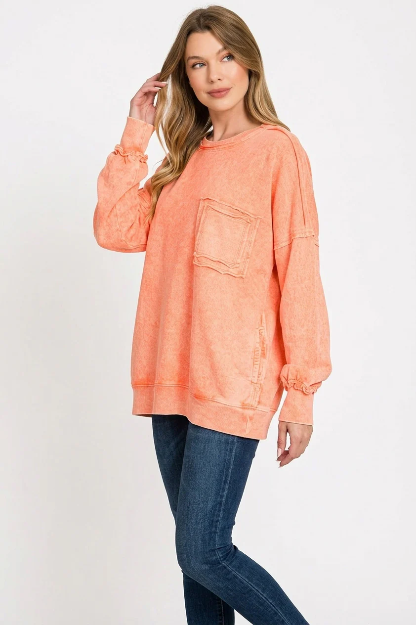 Zenana Halo Washed French Terry Exposed-seam Sweatshirt - Image 2