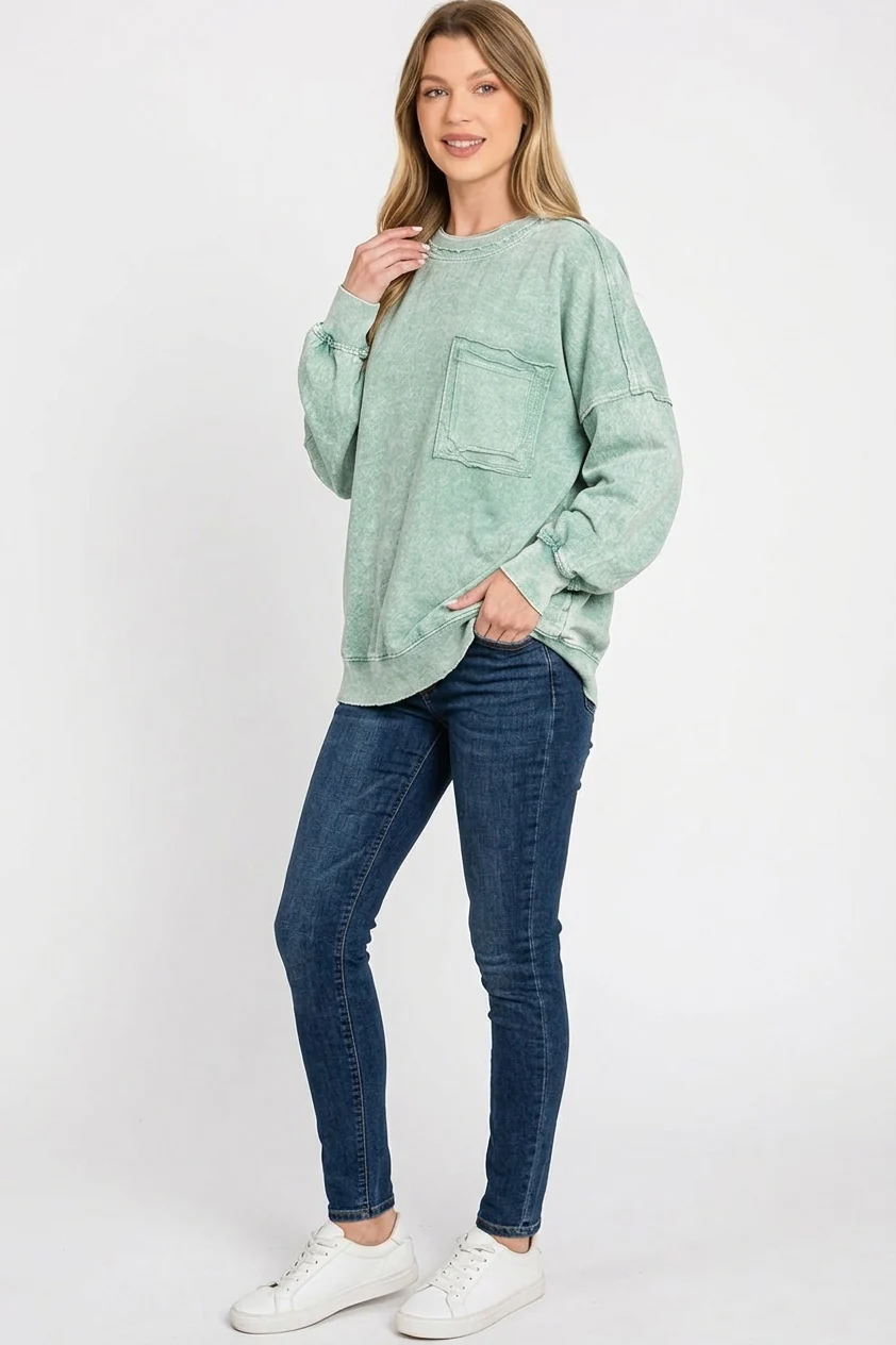 Zenana Halo Washed French Terry Exposed-seam Sweatshirt - Image 3