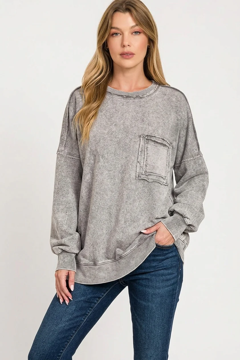 Zenana Halo Washed French Terry Exposed-seam Sweatshirt - Image 2