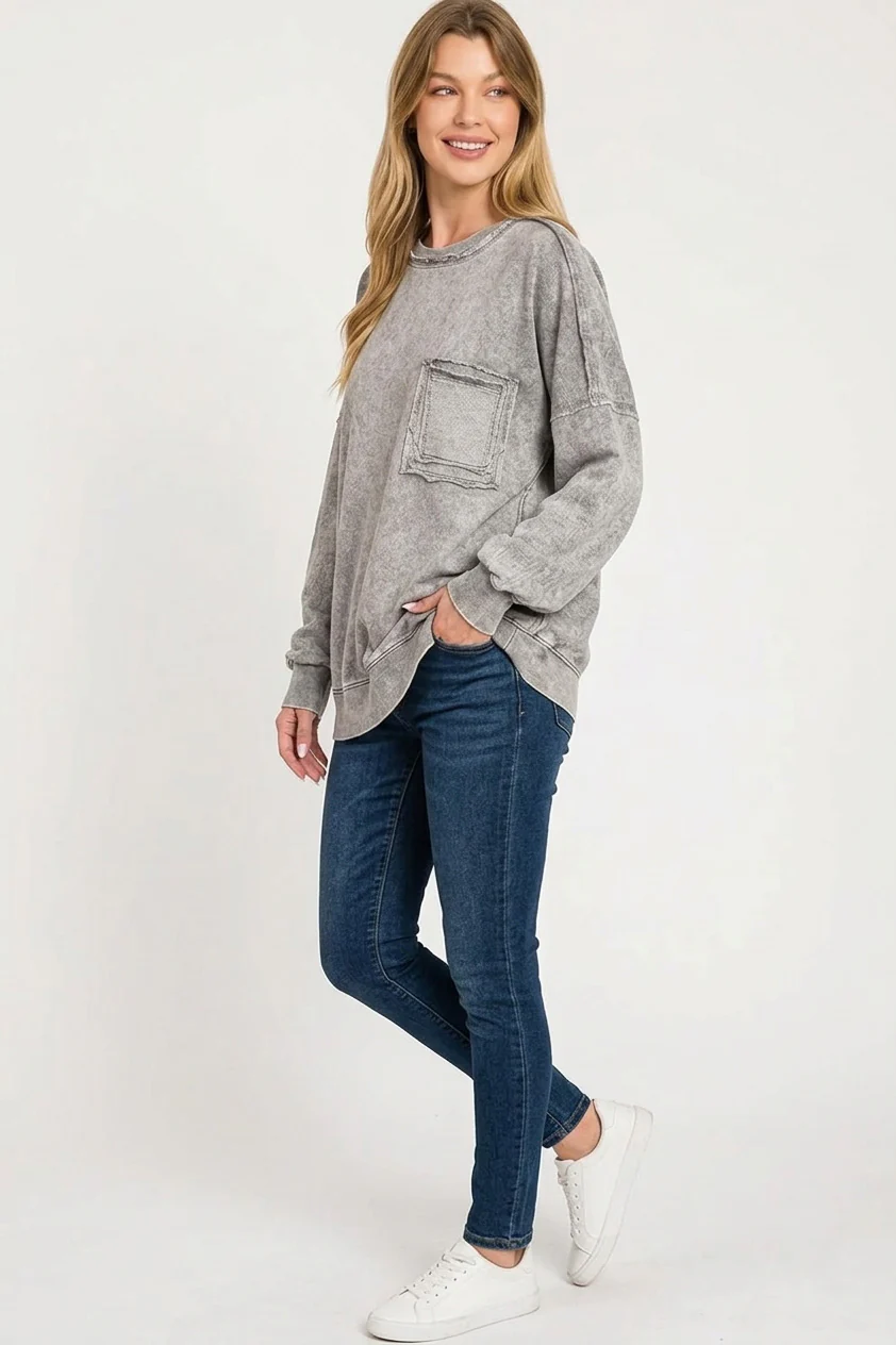 Zenana Halo Washed French Terry Exposed-seam Sweatshirt - Image 3