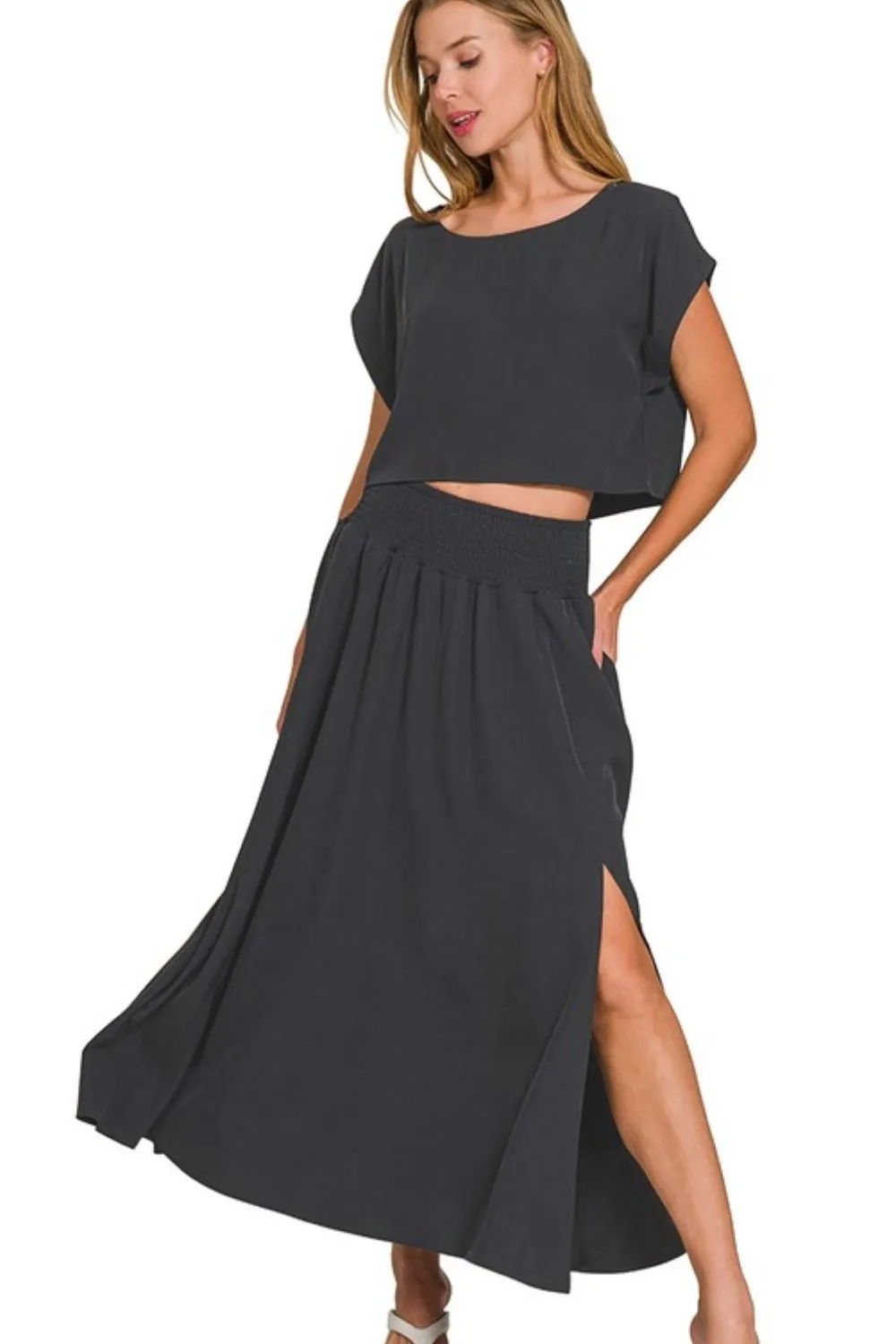 Zenana Heavy Woven Span Crop Tee & Skirt Set - Image 3
