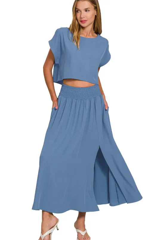 Zenana Heavy Woven Span Crop Tee & Skirt Set - Image 3