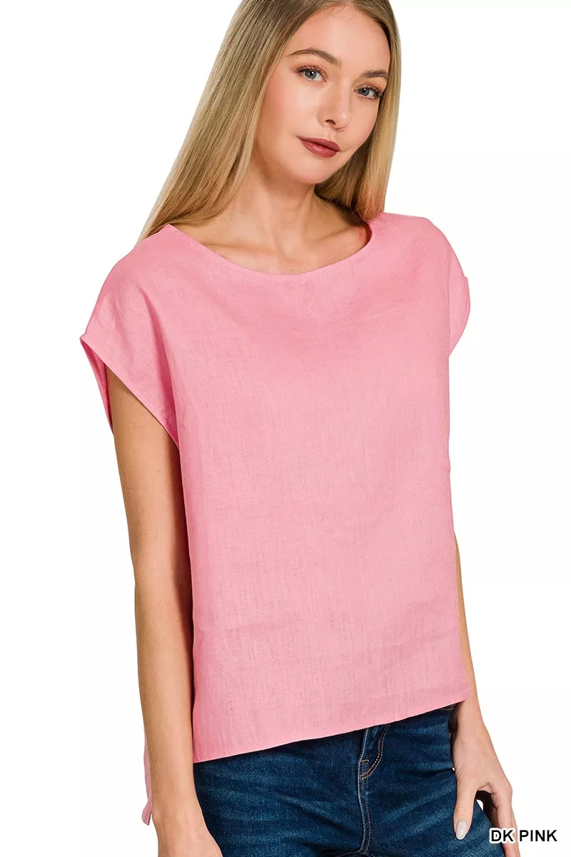 Zenana Linen Round Neck Cap Sleeve Top - Image 2