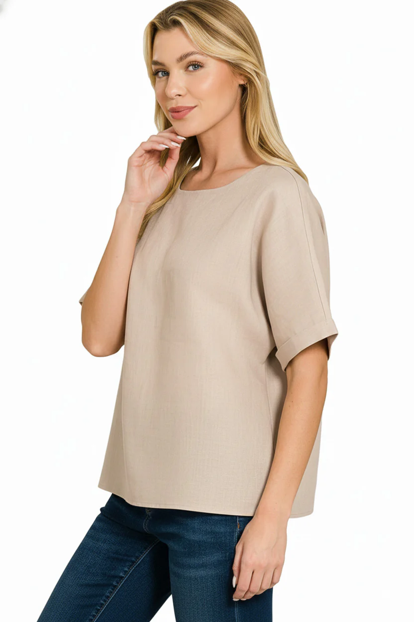 Zenana Linen Round Neck Cuffed Sleeve Top - Image 2