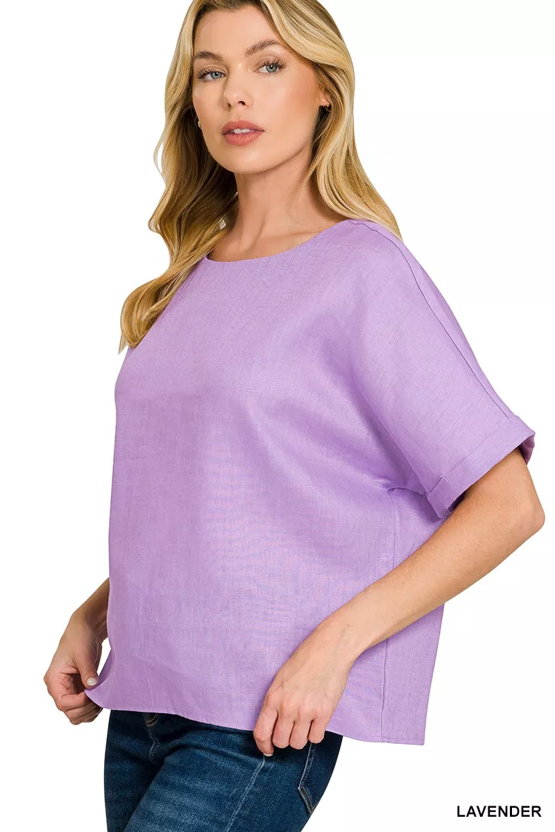Zenana Linen Round Neck Cuffed Sleeve Top - Image 2