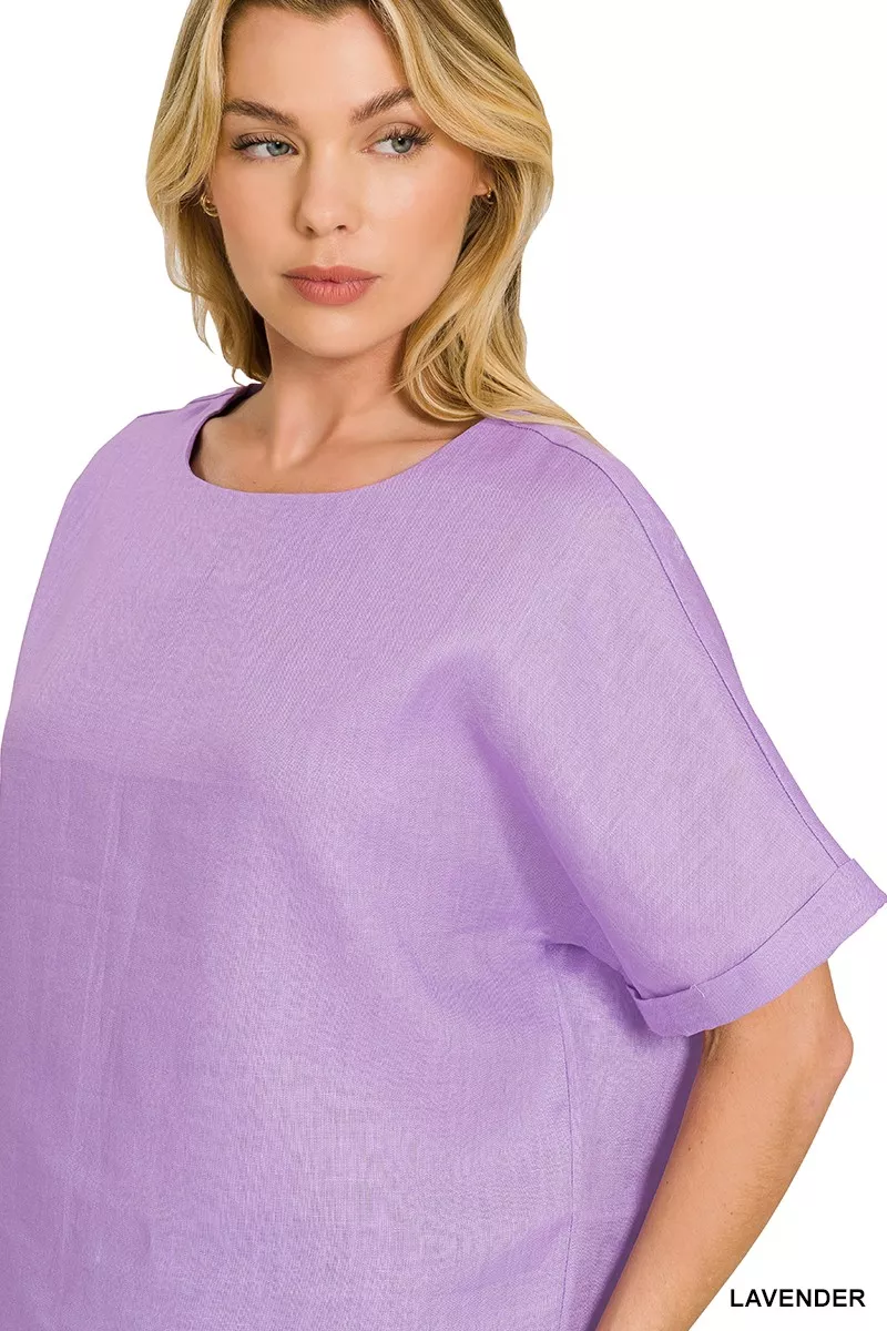 Zenana Linen Round Neck Cuffed Sleeve Top - Image 4