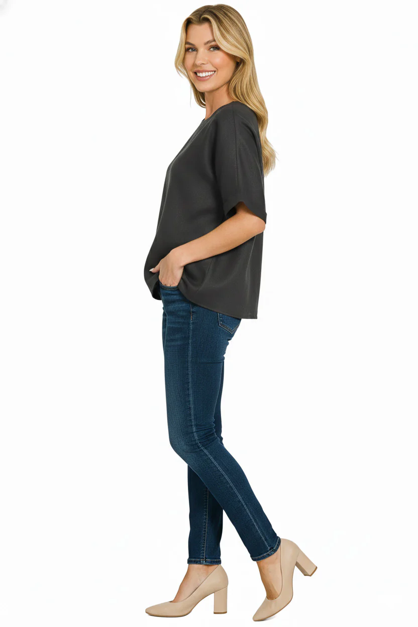 Zenana Linen Round Neck Cuffed Sleeve Top - Image 3
