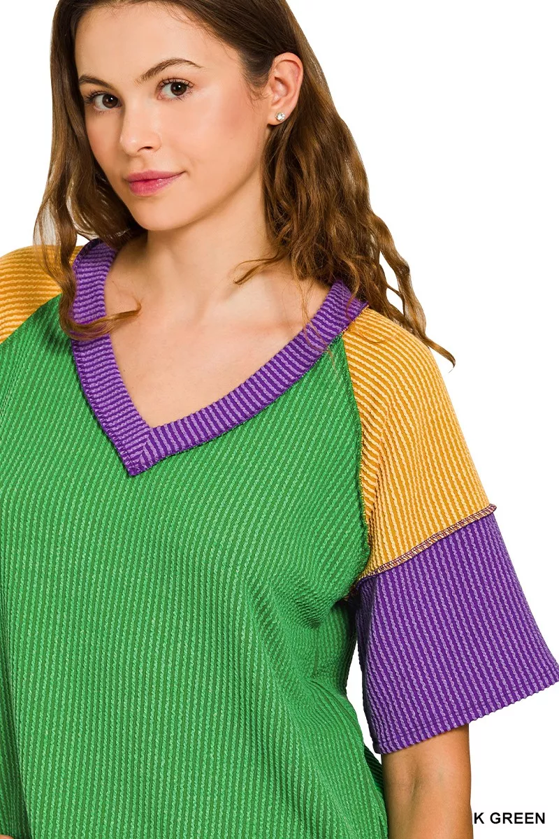Zenana Mardi Gras Raised Rib Color Block Top - Image 5