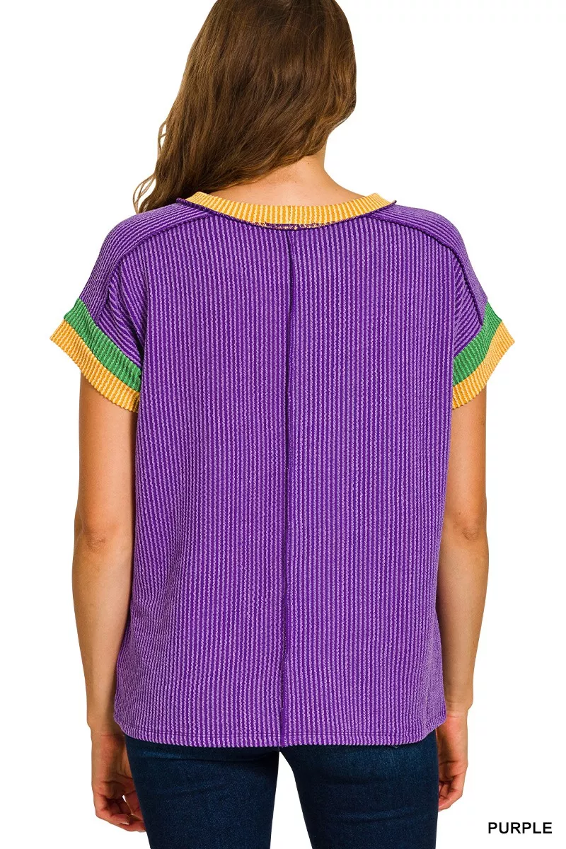 Zenana Mardi Gras Raised Rib Contrast Trim Top - Image 3