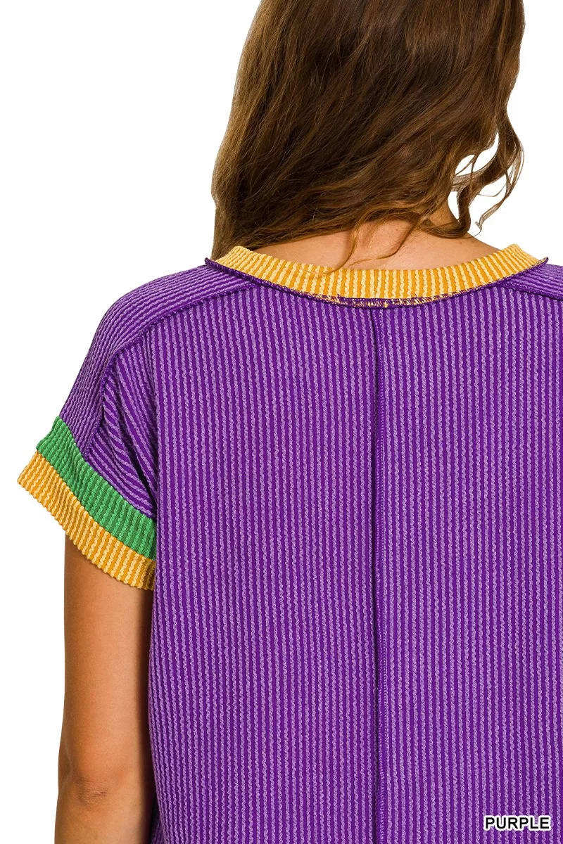 Zenana Mardi Gras Raised Rib Contrast Trim Top - Image 6