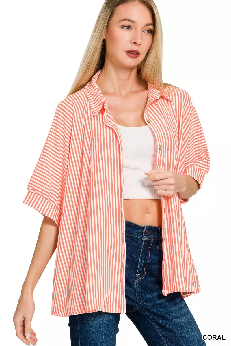 Zenana Oversized Stripe Button Down Shirt - Image 3