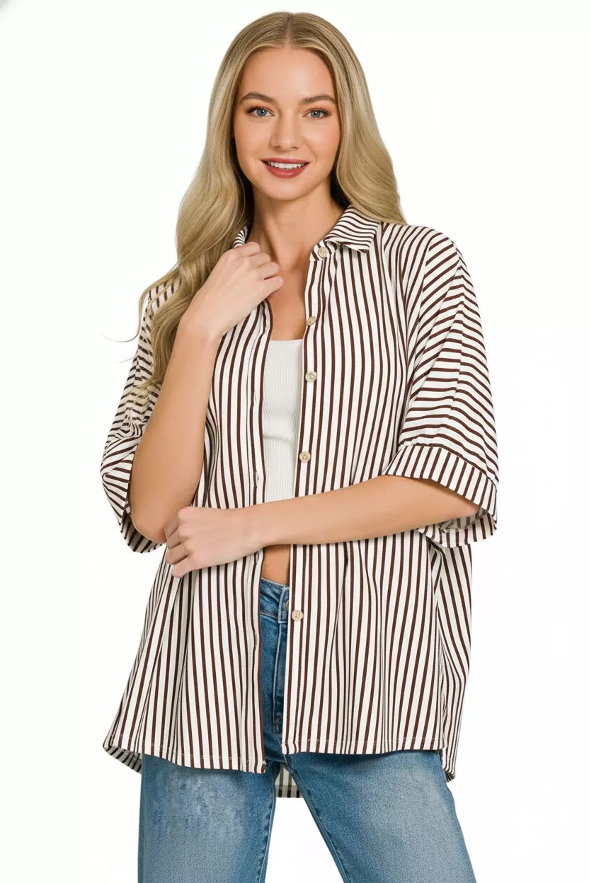 Zenana Oversized Stripe Button Down Shirt - Image 3