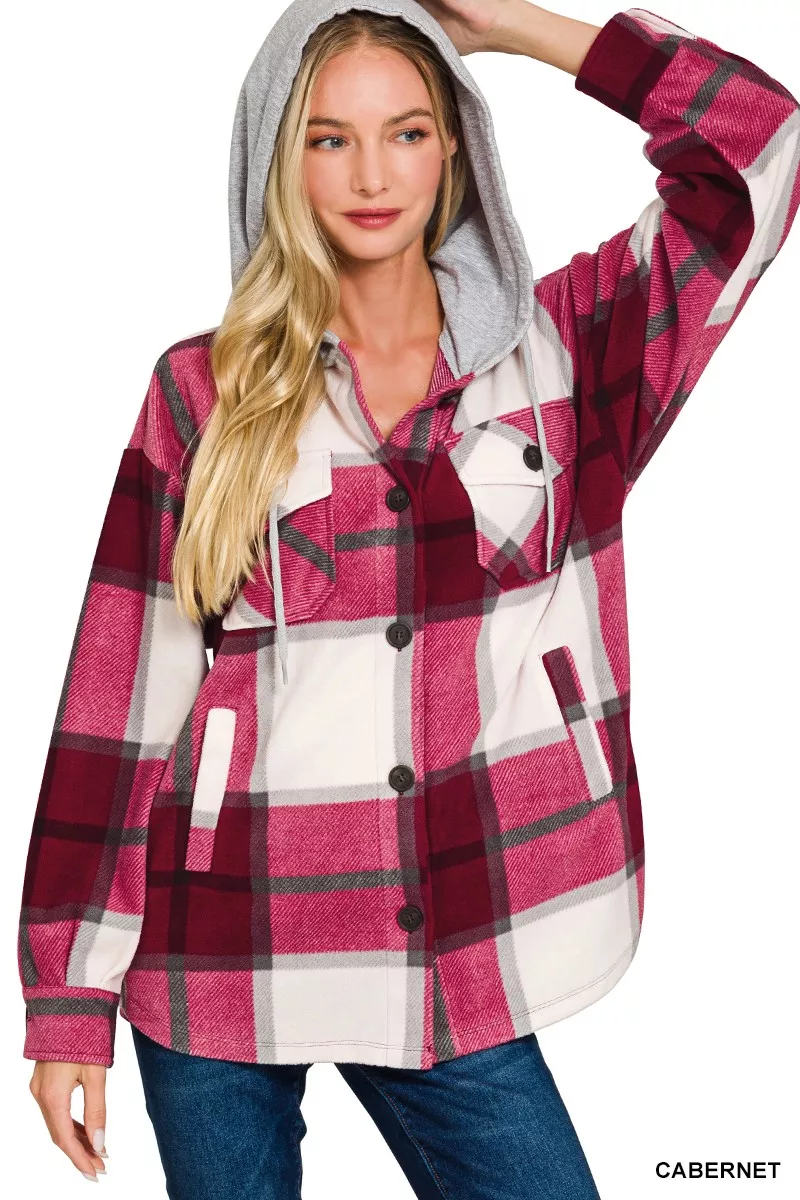 Zenana Plaid Drawstring Hooded Fleece Shacket - Image 2